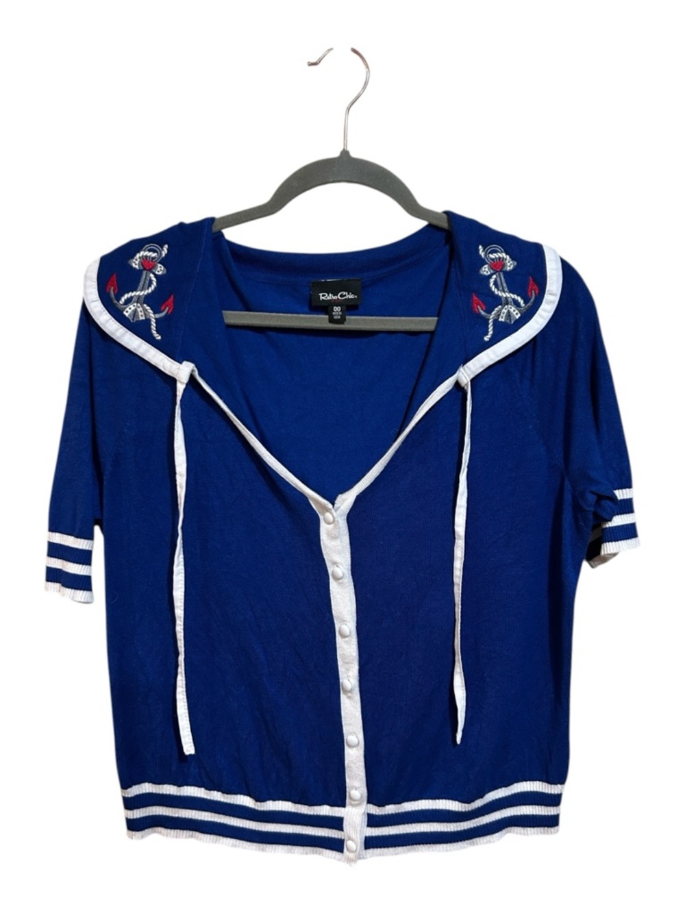 Retro Chic Torrid Size 00 M/L Blue Nautical Sailor Cardigan Anchor Embroidered